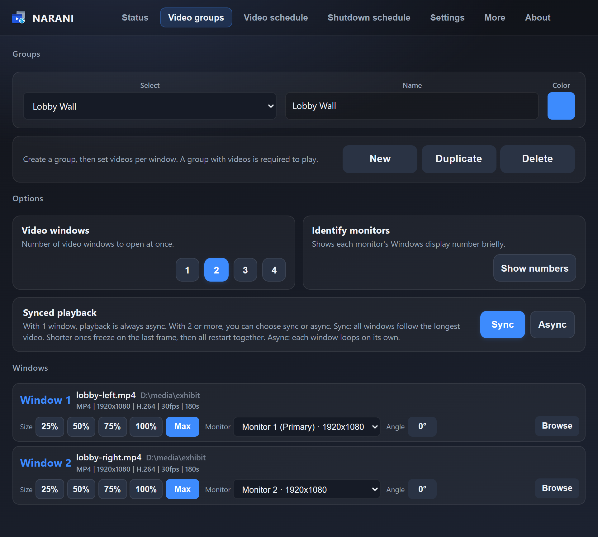 NARANI Video groups tab with Lobby Wall selected and two window slots