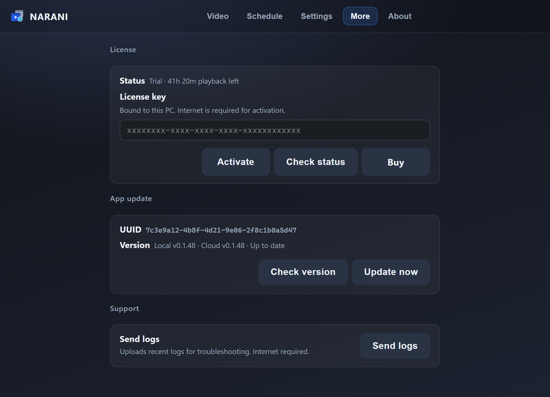 NARANI More tab with license, app update, and support
