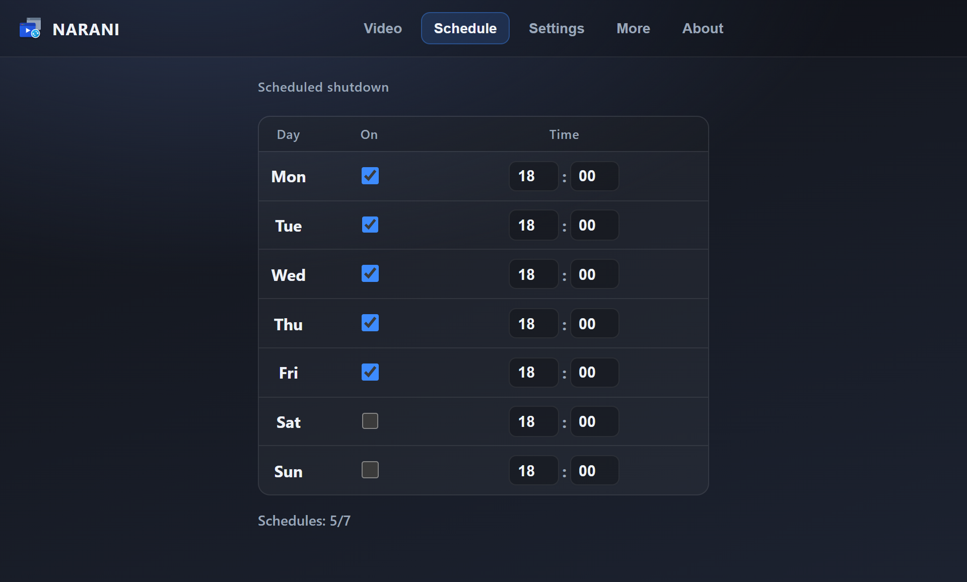 NARANI Schedule tab with Mon–Fri shutdown at 18:00