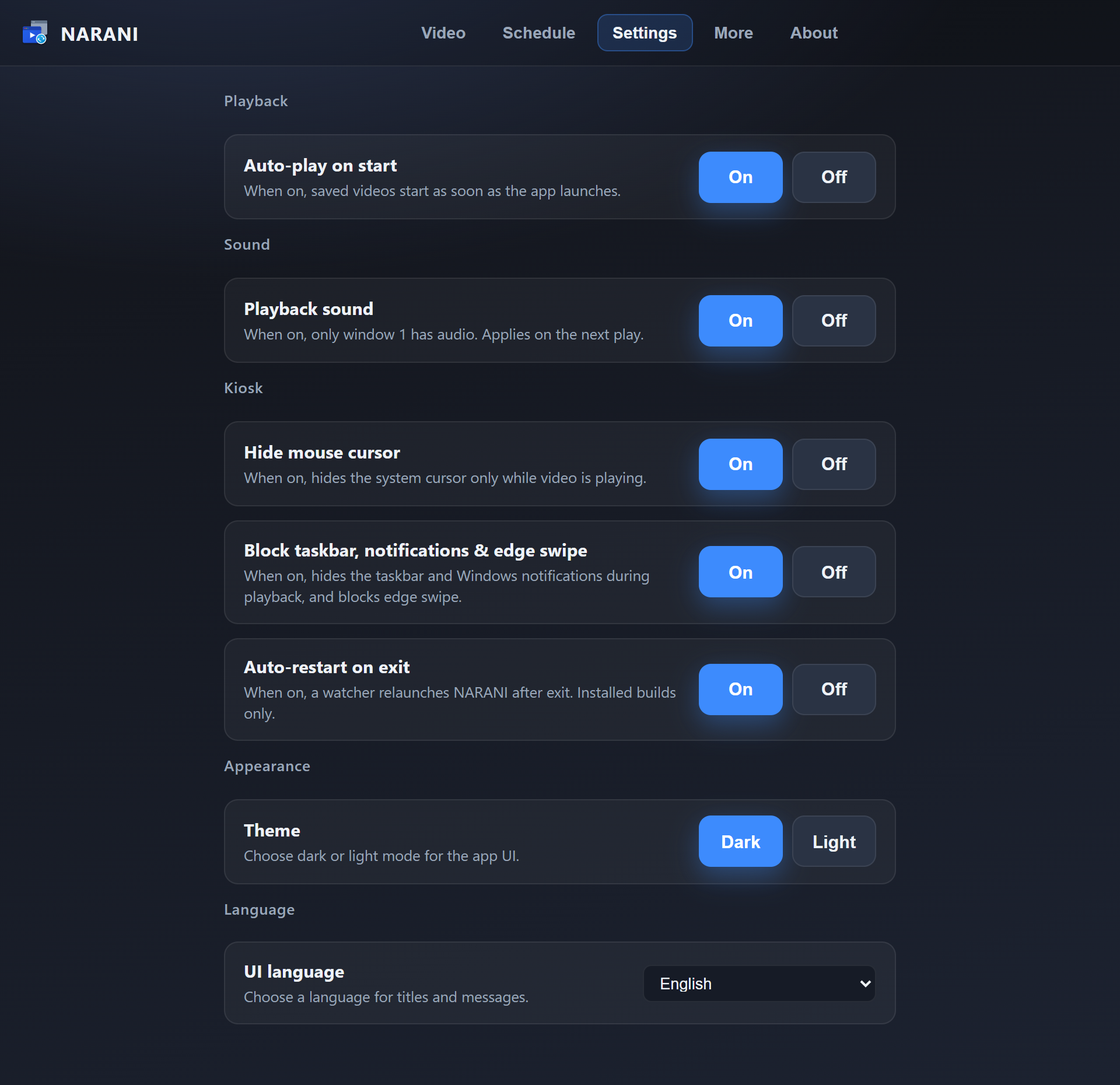 NARANI Settings tab with playback, sound, kiosk, theme, and language