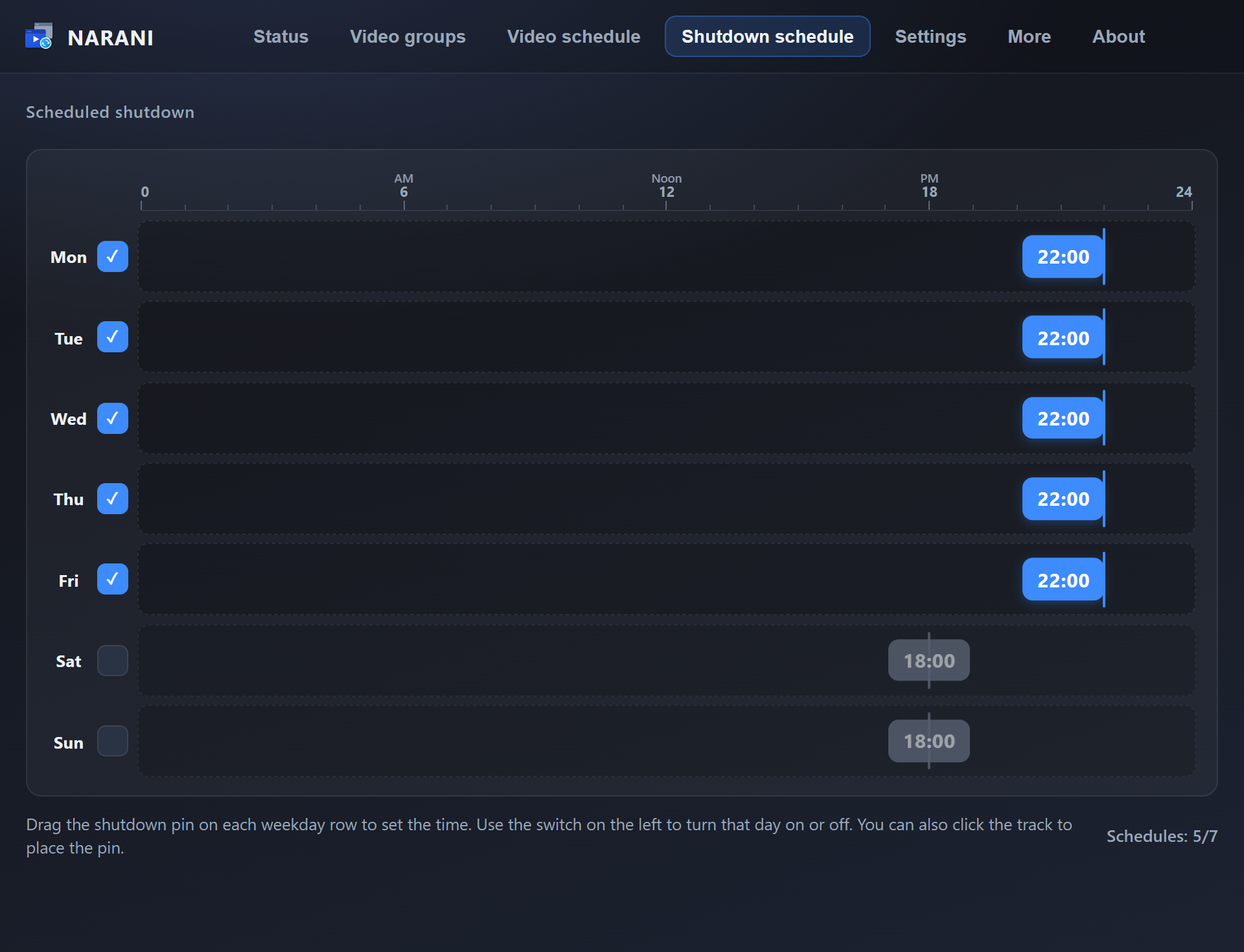 NARANI Shutdown schedule with Mon–Fri pins at 22:00
